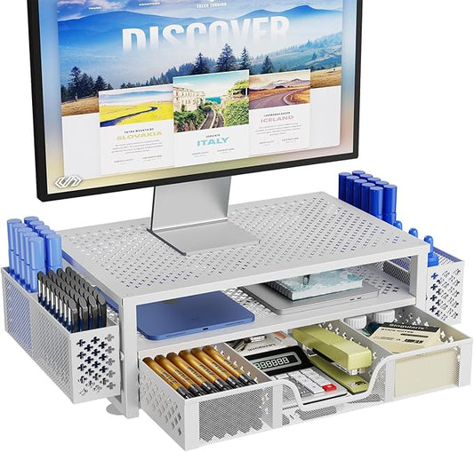 Simple Trending 2 Tier Metal Monitor Stand Monitor riser and Computer Desk Organizer with Drawer and Pen Holder for Laptop, Computer, iMac, White