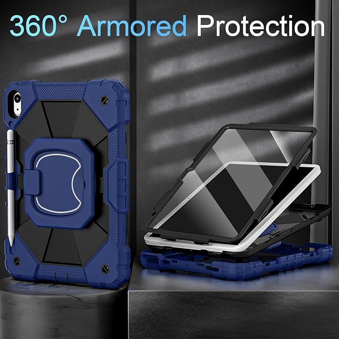 Case for iPad (A16) 11th Gen 11 Inch (2025) /iPad 10th Gen 10.9 Inch (2022) with Screen Protector/Rotating Stand/Pencil Holder,Military Grade Shockproof i Pad Case 10th Generation,Navy Black