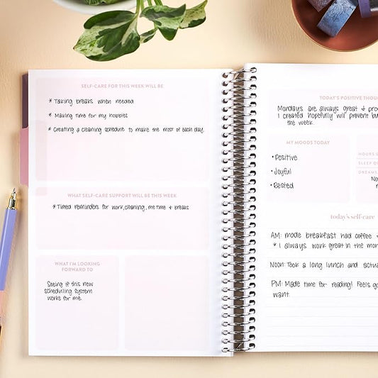 Erin Condren A5 Spiral Bound Self Care Journal Metallic Blooms. Daily Self-Care Reflection Pages. Weekly, Monthly & Quarterly Reflection. Monthly Tracker Pages. 3 Tabs. Sticker Sheet Included