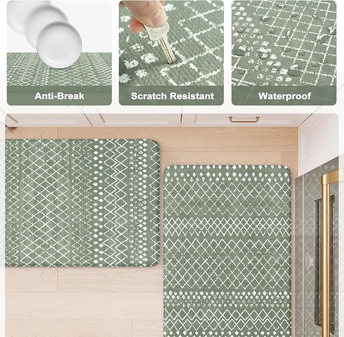 KIMODE Kitchen Anti Fatigue Mats, Green Farmhouse Kitchen Rugs Sets of 2, Memory Foam Kitchen Mats for Floor, Waterproof Standing Mat for Sink Laundry Office Desk 20"x47"+20"x32"