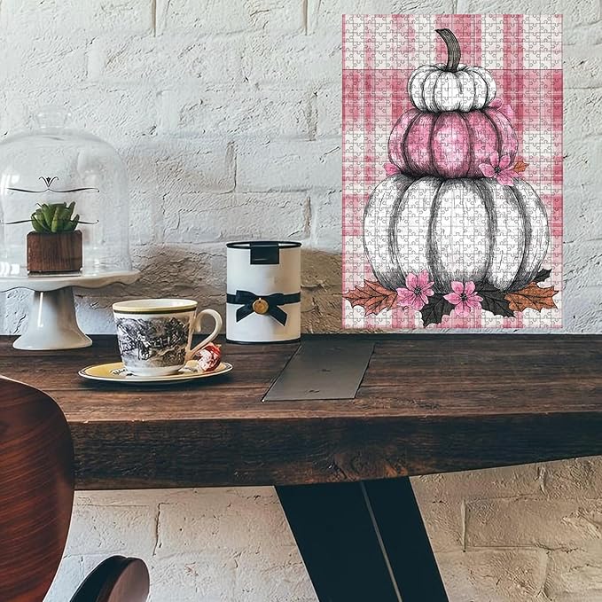 1000 Piece Wooden Puzzle Fall Pink White Pumpkin Adults Funny Challenge for Stress Relief & Entertainment Kids Family Challenging Jigsaw 29.5x19.7 Inch