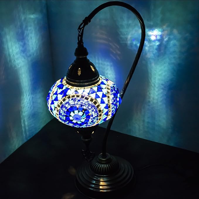 mozaist Turkish Mosaic Swan Neck Table Lamp, Moroccan Boho Style Sea Blue Gooseneck Rustic Home Décor, Tiffany Bohemian Bedside Farmhouse Desk Light with E12 Socket & US Plug (Evil Eye Blue)