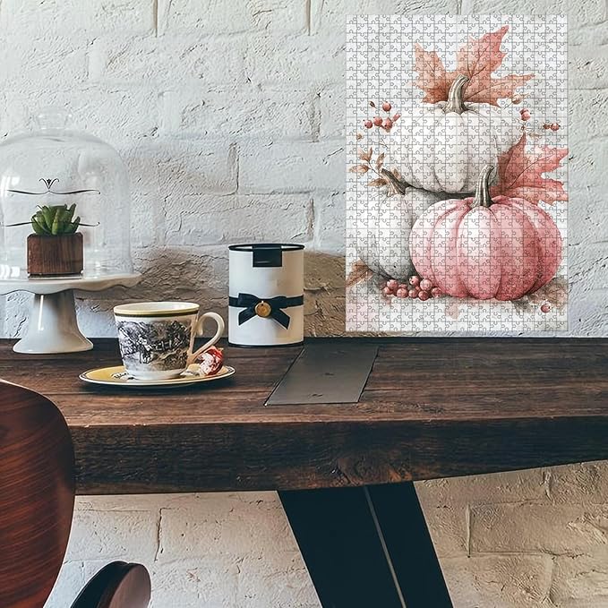 1000 Piece Wooden Puzzle Fall Pink White Pumpkin Adults & Kids Challenging Jigsaw for Stress Relief Family Bonding & Skill Building 29.5x19.7 Inch