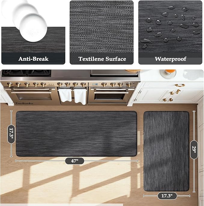 KIMODE Anti Fatigue Kitchen Mats 17"x47"+17"x29", Dark Grey Farmhouse Kitchen Rugs Sets of 2, Paded Kitchen Floor Mats, Textilene Kitchen Mat for Floor Non Slip, Standing Mat for Laundry Sink Desk