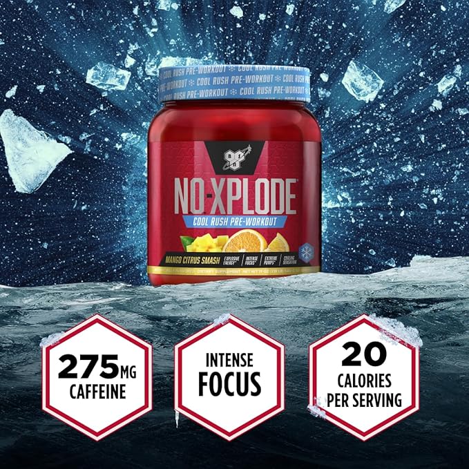 BSN N.O.-XPLODE Cool Rush Pre Workout Powder, Preworkout Energy Supplement for Men and Women with Creatine and Beta-Alanine, New Flavor: Mango Citrus Smash, 30 Servings