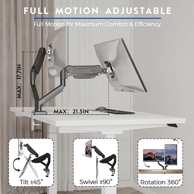 BONTEC Monitor Arm Desk Mount, Gas Spring Monitor Stand, Adjustable Full Motion VESA with C Clamp & Grommet Base, Supports 6.6-19.8lbs LCD/LED Tilt, Swivel, Rotation (Dual Arms, 15-32 Inch)