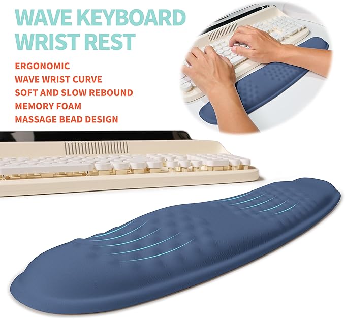 2-in-1 Ergonomic Set, Wave Rise Keyboard Wrist Rest and Massage Bulge Slope Mouse Pad Wrist Support, Cushion Memory Foam Integrated to Relieve Wrist Pain, Dark Blue