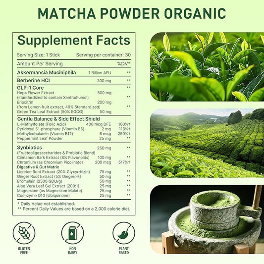 Organic Ceremonial Grade Matcha Powder:Superfood Vegan Supplement On-The-Go Green Tea Plant Based Digestive Enzymes & Energy Support with Akkermansia Probiotic Supports Radiant Skin 30 Stick Packs