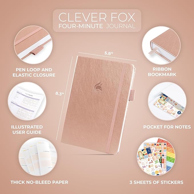 Clever Fox Four-Minute Journal – Daily Positivity Journal with Prompts – Motivational Affirmation, Mental Health & Habit Tracker (Rose Gold)