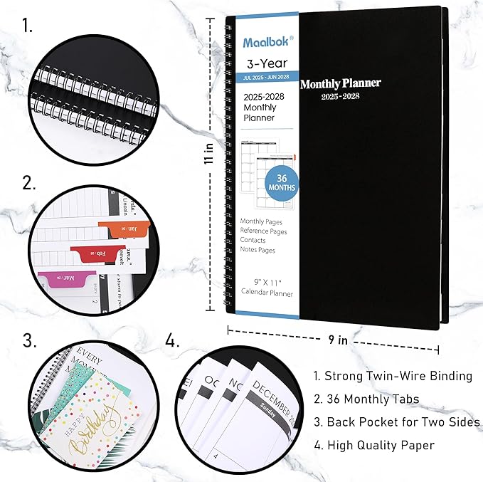 2026-2028 Monthly Planner/Calendar - 3 Year Monthly Planner 2026-2028, Jan. 2026 - Dec. 2028, 9'' x 11'', Calendar Planner with 36 Months Tabs, Double-side Pocket, Holidays, Notes Pages