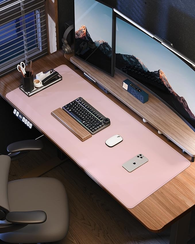 PU Leather Desk Mat Protector - 55"x17" Large Non-Slip Office Desk Pad, Waterproof Keyboard & Mouse Pad, Premium Workstation Cover for Home & Office (Light Pink)