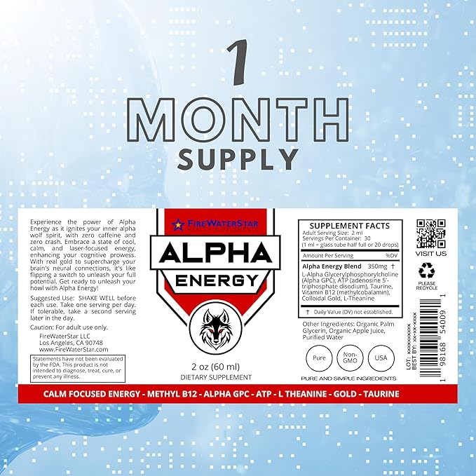 FWS Alpha GPC Energy, Liquid Alpha GPC with L-Theanine and B12, Caffeine Free, Organic, Non-GMO, Fast Acting Nootropic Brain Supplement for Memory Focus Energy, Supports Healthy Brain Function
