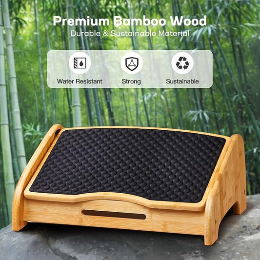 HUANUO Bamboo Under Desk Footrest, Ergonomic Foot Rest with 4 Height Options & Adjustable Angles, Pebble Massage Surface, Non-Slip Foot Rest for Under Desk at Work for Improved Posture, Home & Office