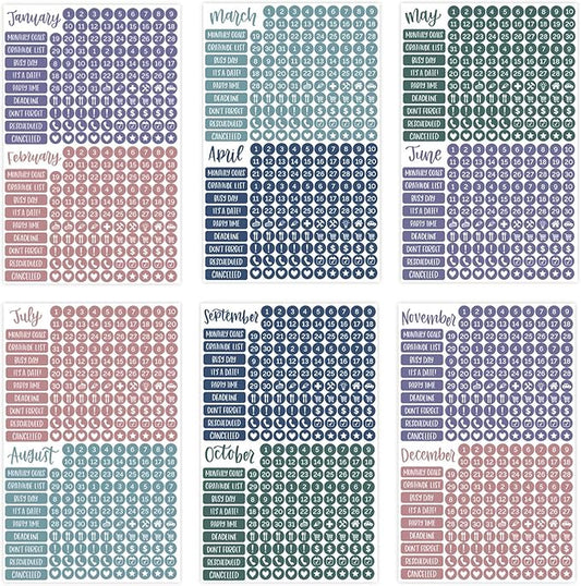 bloom daily planners Calendar Essentials Planner Stickers - Color Coordinating Monthly Headings, Dates, Icons, Etc. - 8 Sheets, 1629 Stickers Per Pack! - Jewel Tones