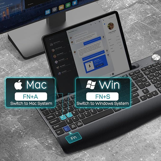 Ergonomic Wireless Keyboard and Mouse with Wrist Rest,Phone Holder - 2.4GHz Full-Sized Low-Profile Quiet Wireless Mouse and Keyboard Combo for Computer, Laptop, PC, Mac-Grey