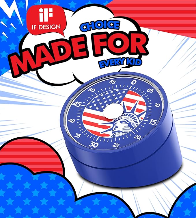 Visual Timer for America Flag - Timers for Classroom Teachers 60 Minutes Countdown Home School Study Tool, Non-Ticking Rotating Timer for Exam Work Kitchen Office Gym, 1 Pack