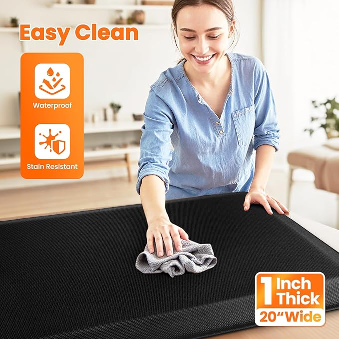 Kitchen Mats for Floor, 1 Inch Extra-Thick Kitchen Rugs, Non-Slip & Waterproof Standing Desk Mat, Comfort Anti Fatigue Mats for Kitchen Floor, Home, Sink, Office (20" X 32", Black)
