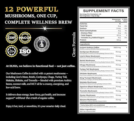 DLNIA Organic Mushroom Coffee with 12 Adaptogenic Mushrooms, Arabica Beans, Coconut Milk & MCT Oil | Cordyceps, Lion’s Mane & Turkey Tail Instant Coffee for Better Energy, Focus, Digestion, Immunity