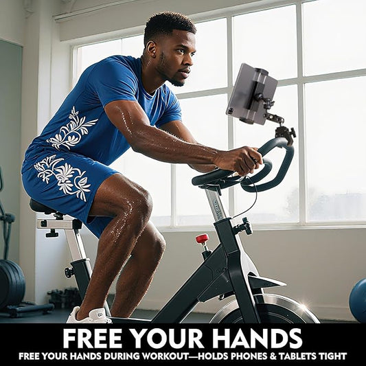 Tablet Holder for Spin Bike 360° Rotating Tablet Clamp Mount for Exercise Bikes, Peloton, Treadmill & Elliptical,Music Stand,Stationary Bike– Quick-Clip Handlebar Clamp Fits 4-13" Tablet&Phones