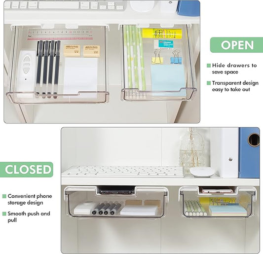 2 Pack Adhesive Under Desk Drawer Organizer Slide Out Attachment, Attachable Clear Acrylic Hidden Shelf Storage With Phone Stand, Add A Mounted Pull Out Tray For Cabinet, Table, Counter - Plastic
