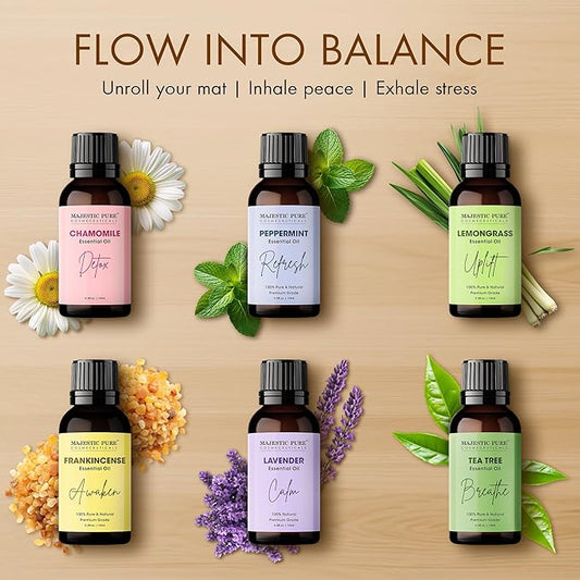 Majestic Pure, Yoga Essential Oil Gift Set | 100% Pure & Natural Set for Yoga, Meditation and Self-Care Rituals | Frankincense, Tea Tree, Lavender, Peppermint, Lemongrass, Chamomile - Pack of 6
