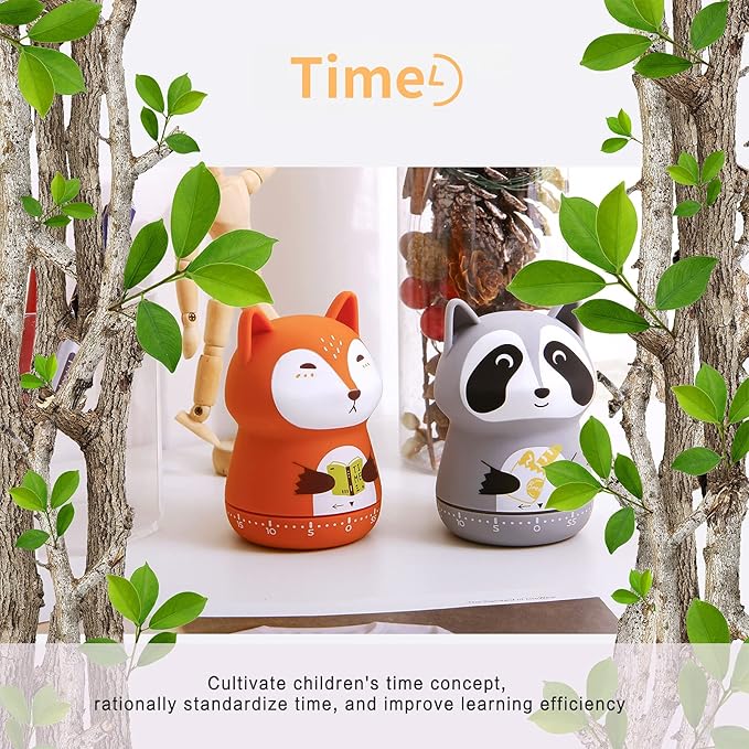 2 Pack Cute Kitchen Timer,100% Mechanical Timer for Kids,60 Minute Egg Timer for Cooking/Reading/Do Sports. (Fox and Raccoon)