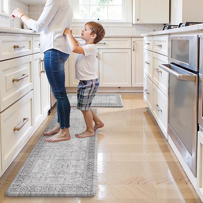 KIMODE Anti Fatigue Kitchen Mats for Floor, Boho Vintage Kitchen Rugs Sets of 2, Cushioned Kitchen Floor Mats Non Slip, Comfort Rugs for Kitchen Floor Sink Laundry Desk Grey 20"x59"+20"x32"