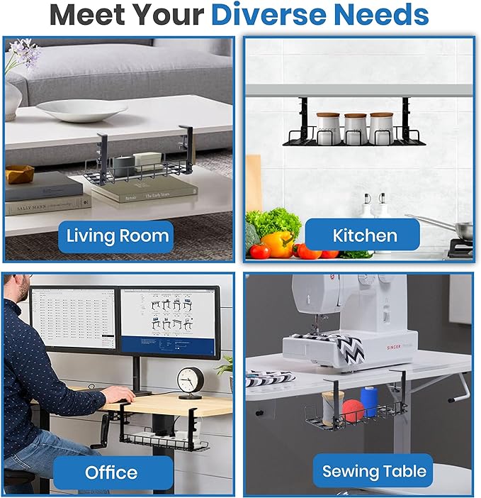 Under Desk Cable Management Tray, 16” No Drill Cord Organizer with Clamps for Wire Management, 4mm Sturdy Wire Desk Cable Organizer Tray, Cable Management Rack for Office