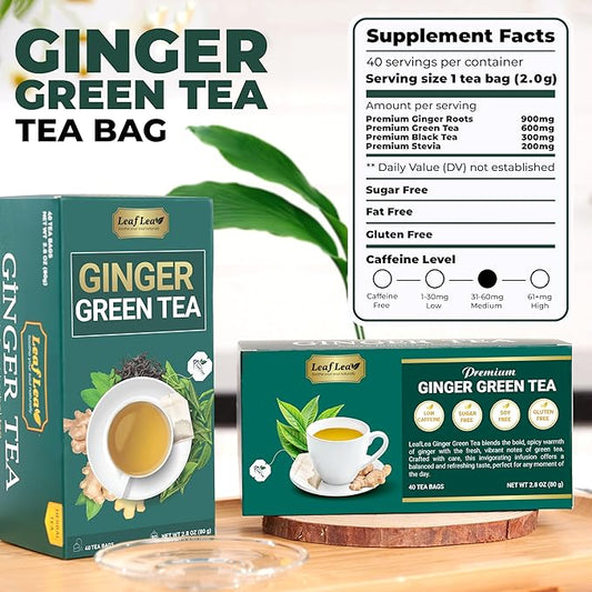 LeafLea Ginger Green Tea, 40 Individually Wrapped Tea Bags of Soothing Green Tea Blend with Natural Ginger Root, Sweetened with Stevia, Supports Digestion and Immunity, Low Caffeine, Sugar-Free