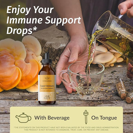 HERBAMAMA Super Immune Mushroom Supplement - Vegan 8-Mushroom Complex Blend with Reishi, Lion's Mane, Cordyceps & Chaga Extract - Non-GMO, Alcohol-Free, Sugar-Free Immunity Drops, 56-Day Supply