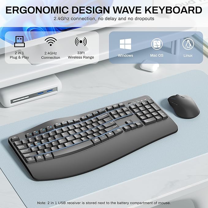 Wireless Keyboard and Mouse Combo,2.4G Full Size Wave Keys Ergonomic Keyboard with Wrist Rest for Natural Typing, 3 DPI Adjustable Ergonomic Silent Mouse for Computer/Laptop/Windows/Mac (Grey)