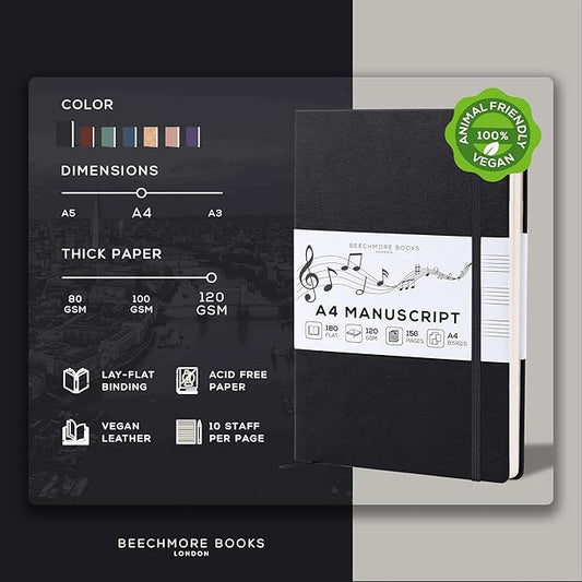 BEECHMORE BOOKS Blank Sheet Music Notebook – A4 8.5x11.5 for Songwriters, Musicians & Composers, 156 Thick 120gsm Pages, 10-Staff Perforated Sheets, Vegan Leather Hardcover, Elastic Closure, Gift Box