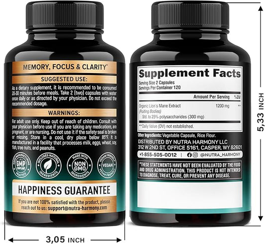 Lions Mane Supplement Capsules - Organic Lions Mane - Made in USA - Fruiting Bodies Extract - 1200 mg, 25% Polysaccharides - Memory & Focus Support - As Lions Powder - 240 Capsules, 4 Month Supply
