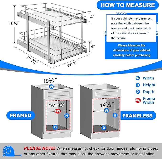 WelFurGeer 2-Tier Stainless Steel Pull Out Cabinet Organizer, Soft Close Damping Slides, Heavy Duty Chrome Plated Wire Basket with Shelf Liner, Perfect for Kitchen Cabinets, Pantry Storage, Under Sink