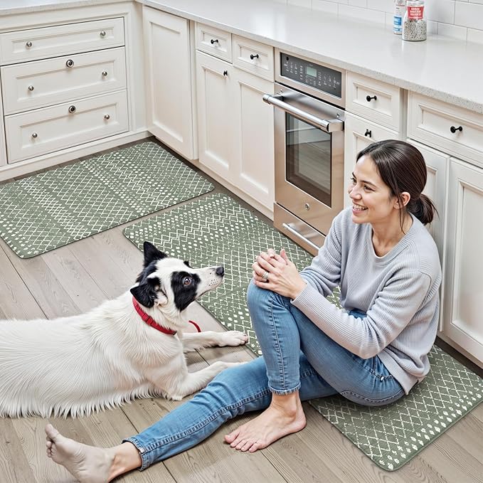 KIMODE Kitchen Mats for Floor Anti Fatigue, Green Boho Kitchen Rugs Sets of 2, Cushioned Kitchen Floor Mats, Comfort Standing Mat for Sink Laundry Office Desk 17"x47"+17"x29"