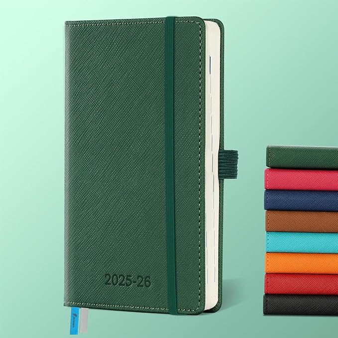 Weekly Monthly 2025-2026 Planner (July 25-Dec 26),6.5"x3.75",18 Months Agenda Plan with Month Tabs & Pocket,Expenses/Note Pages, Academic Calendar with Vegan Leather Cover,Green