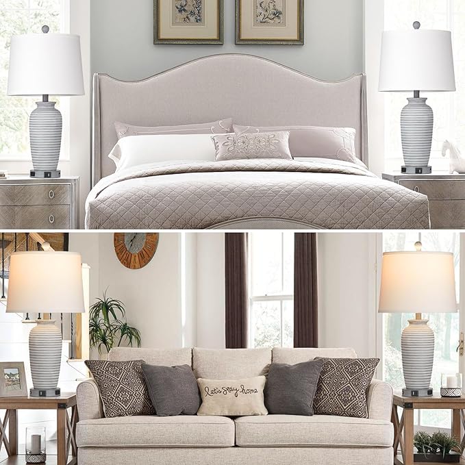 25" Farmhouse Jar Table Lamps Set of 2, 3 Way Touch Control Rustic Bedside Lamps with USB A+C Ports & AC Outlet, Pot Nightstand Lamps for Bedroom Living Room (LED Bulbs Included)