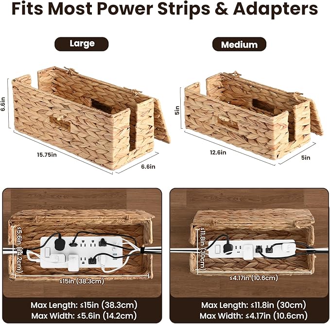 2 Pack Cable Management Box with Lid, Handwoven Water Hyacinth Cord Organizer, 4 Side Open Slots Cable Hider for Power Strips, Cords & Wires, Desk/Floor/Office Storage Box to Hide Electronics Clutter