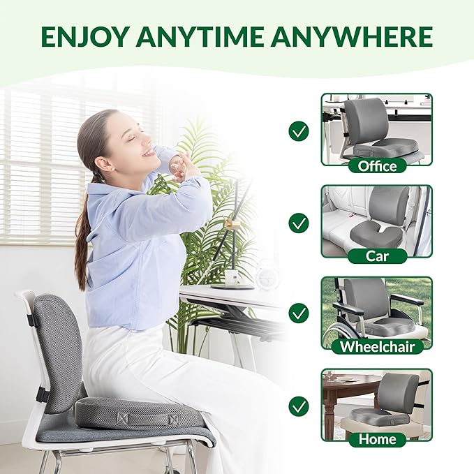 Seat Cushion & Adjustable Lumbar Support Pillow Set, Charcoal Memory Foam Back & Tailbone Pain Relief, Non-Slip & Washable Cover, for Office Chair, Car Seat, Wheelchair - Grey