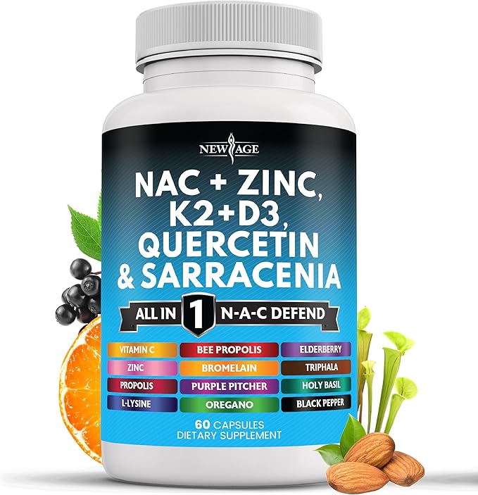 NEW AGE NAC Supplement N-Acetyl Cysteine- with Vitamin D3, K2, Zinc, Quercetin, Triphala, Sarracenia Purpurea, Elderberry, Holy Basil, Bee Propolis, Bromelain, L-Lysine - 60 Count