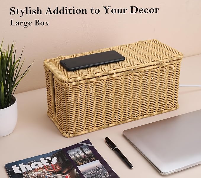 2Pack Large Cable Management Box, Handwoven Imitation Rattan Cord Organizer Cord Hider Box, Cable Organizer Box for Desk, Cord Management Box to Hide Cords and Power Strips