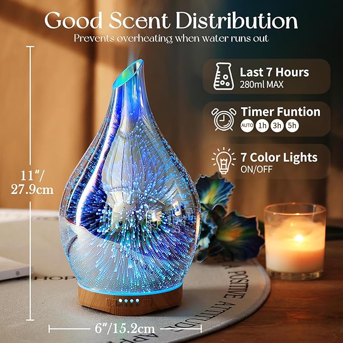 Porseme Essential Oil Diffuser 280ml Aromatherapy Ultrasonic Oil Diffusers 3D Glass Cool Mist Humidifier, Air Refresh Auto Shut-Off, Timer Setting, BPA Free for Home Hotel Yoga Leisure SPA Gift