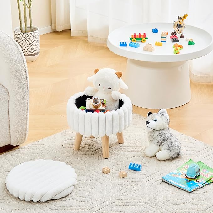 Wimarsbon Storage Ottoman,Soft Faux Fur Footstool with Padded Seat, Small Reading Vanity Chair, Footrest with Wood Tray for Couch, Mini Coffee Table or Display Stand (Cream, Round Storage)