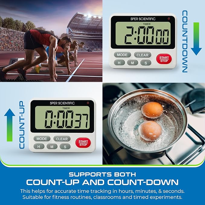Sper Scientific 24-Hour Digital Lab + Kitchen Timer with LED Light 810001 - Precision Countdown Timer with Large Display, Loud Alarm & Clock Mode - for Cooking, Lab Experiments & More