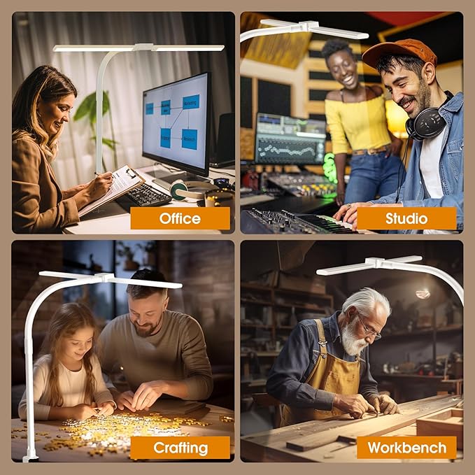 LED Desk Lamp for Home Office - Eye-Caring Computer Desk Light with Clamp, Adjustable Work Lamp with Color Changing, Dimmable Double Head Monitor Light with Gooseneck, White