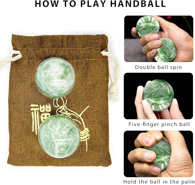 2" Natural Jade Green Baoding Balls with Carry Pouch Hand Balls Healthy Stress Fitness Ball Chinese Fitness Stress Ball Handicraft Collection