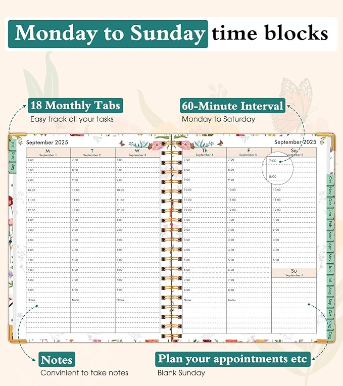 2025-2026 Appointment Book, Academic Planner 18 Months Weekly and Monthly (July 2025 - December 2026), 8.5"x11" Daily Hourly Planner 60-Minute time Slots, Spiral Calendar Schedule Book for Work School Teacher Student, Wildflower Garden