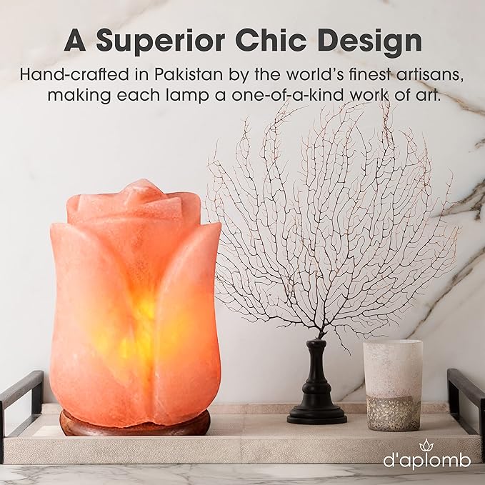 d'aplomb 100% Authentic Natural Himalayan Salt Lamp;Hand Carved Flower Rose Crystal Rock Salt from Himalayan Mountains; Dimmer Cord (Pink Flower)