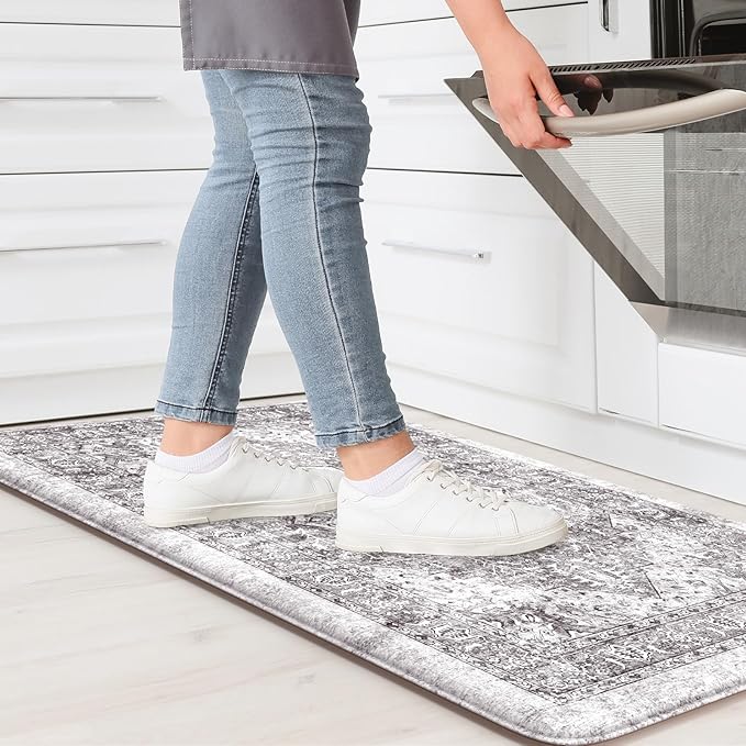 KIMODE Kitchen Mats Cushioned Anti Fatigue 17"x29", Boho Oriental Kitchen Rug, Non Slip Kitchen Mats for Floor, Comfort Padded Kitchen Floor Mat for Sink, Laundry, Office, Desk Grey Brown