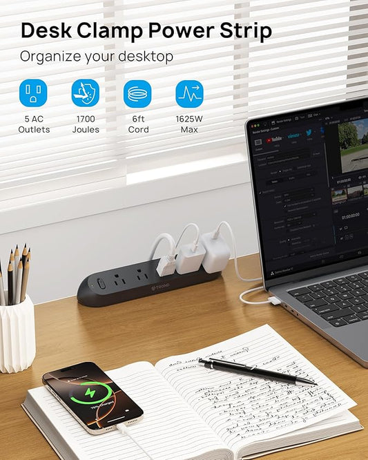 TROND Desk Clamp Power Strip - Surge Protector Power Strip with 5 AC Outlets, Flat Plug 6ft Extension Cord, 1700J, ETL Listed, Fits 1.97 inch Tabletop Edge, for Home Office Desk Accessories, Black